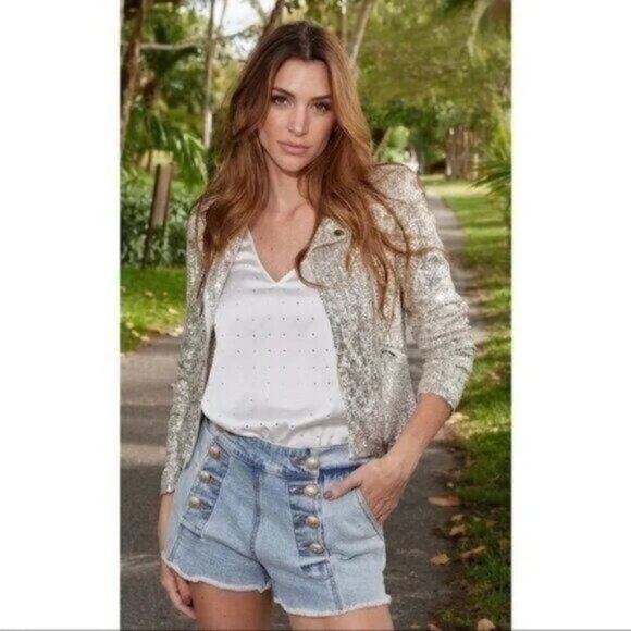 Generation Love Sequin Moto Jacket S NEW Silver Sparkle Glam Holiday Biker Chic - Picture 10 of 10